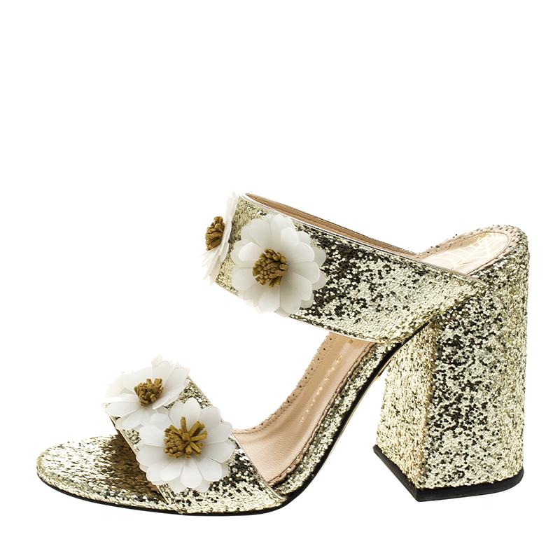 Charlotte Olympia Metallic Gold Glitter Rosette Block Heel Slides Size 36 2