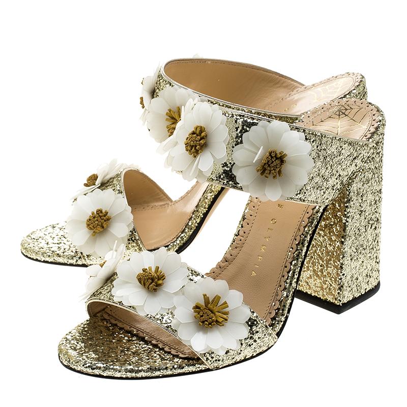 Charlotte Olympia Metallic Gold Glitter Rosette Block Heel Slides Size 36 3