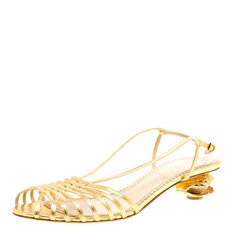 Charlotte Olympia Metallic Gold Leather Shelly Faux Pearl Embellished ...