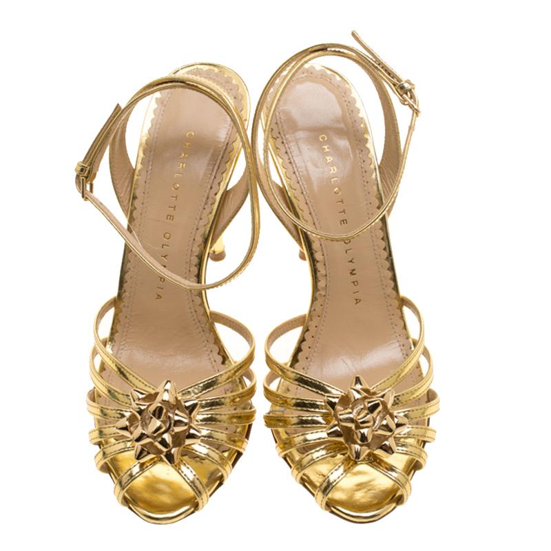 Charlotte Olympia Metallic Gold Leather Surprise! Ankle Strap Sandals ...