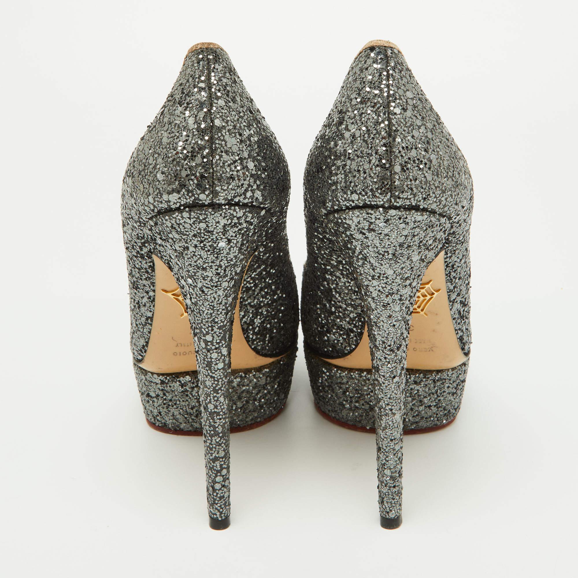 Donna Charlotte Olympia Pumps Dolly grigio metallizzato con glitter grossolani misura 37 in vendita