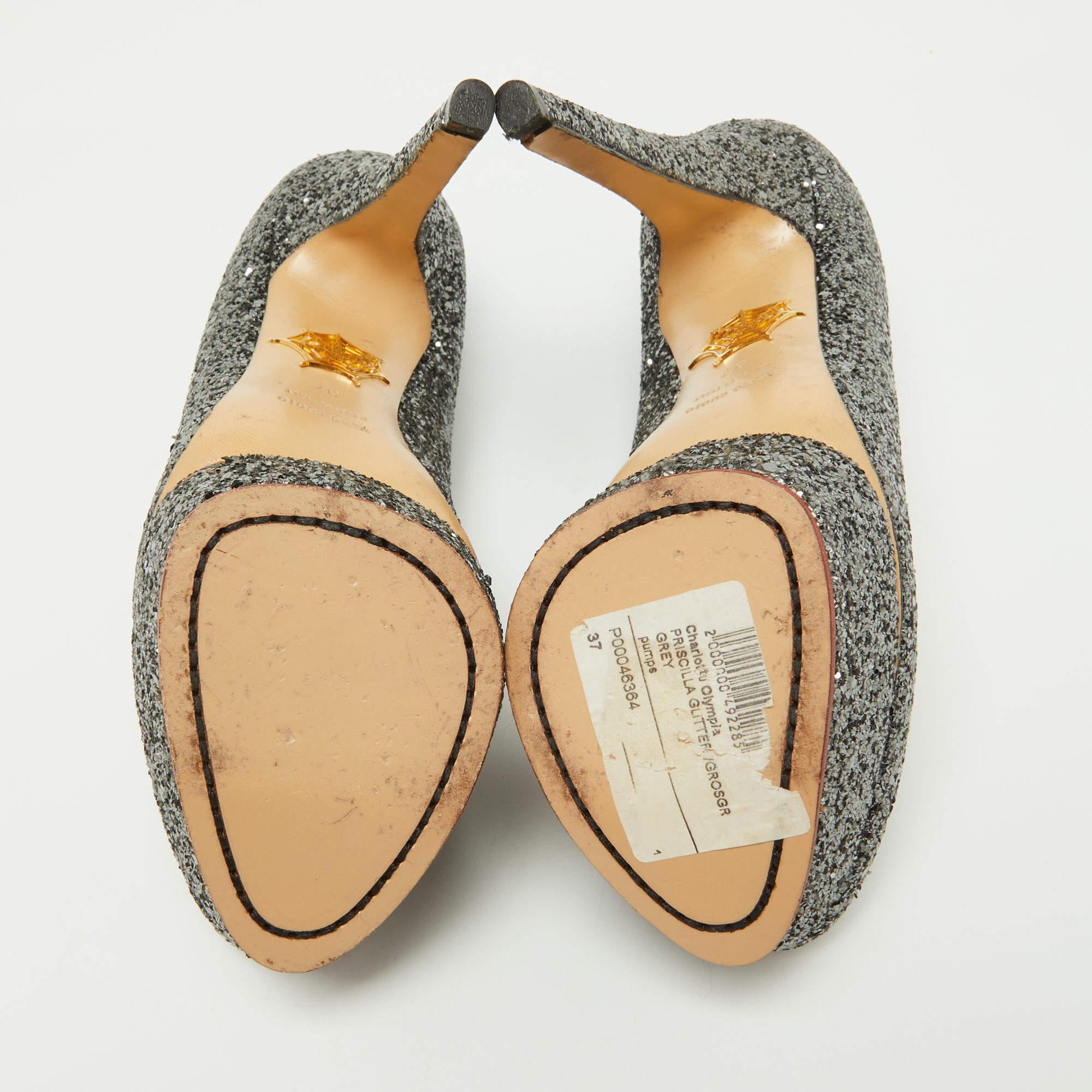 Charlotte Olympia Pumps Dolly grigio metallizzato con glitter grossolani misura 37 in vendita 1