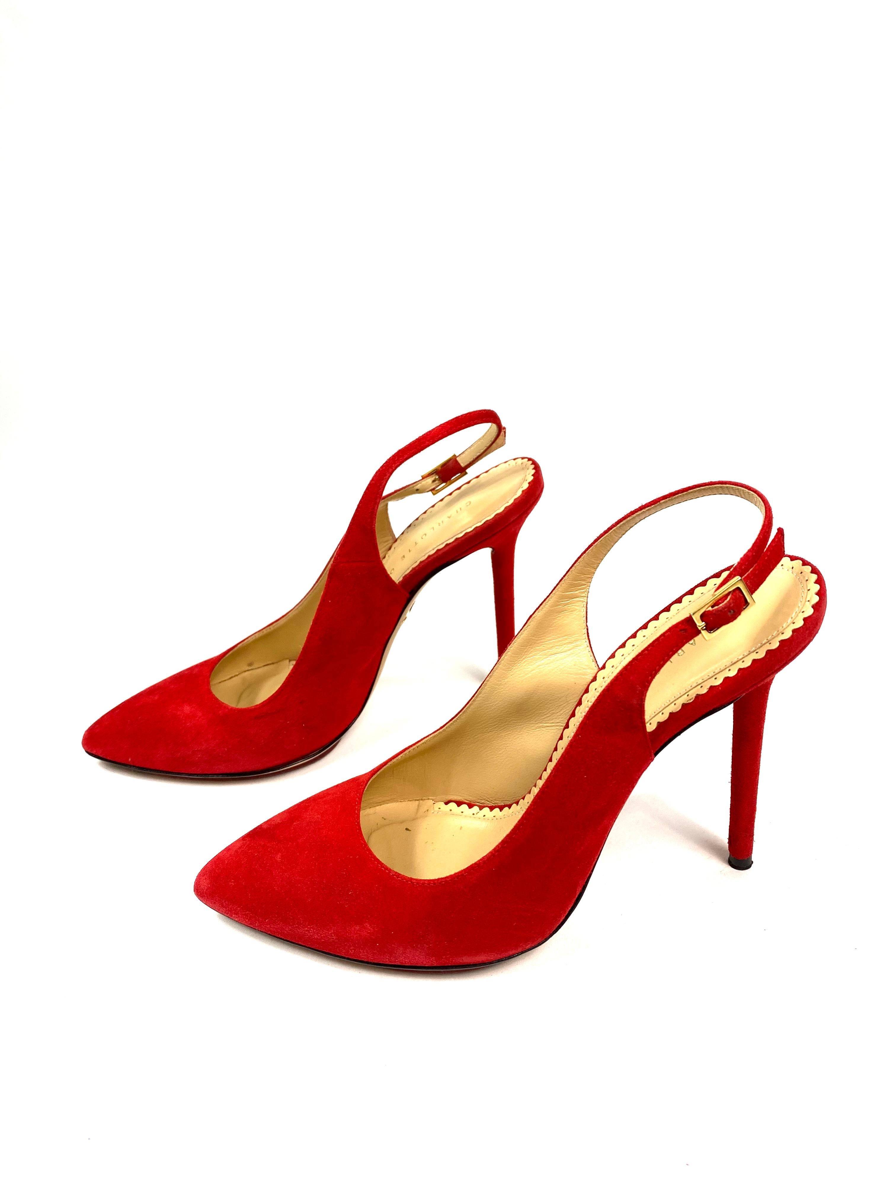 Charlotte Olympia Red Suede Pump Heels Size 38

Product details:
The shoes come with the original box
Gold tone hardware buckle
Adjustable strap closure on the back 
Pointy toe
Heel height is 4.5