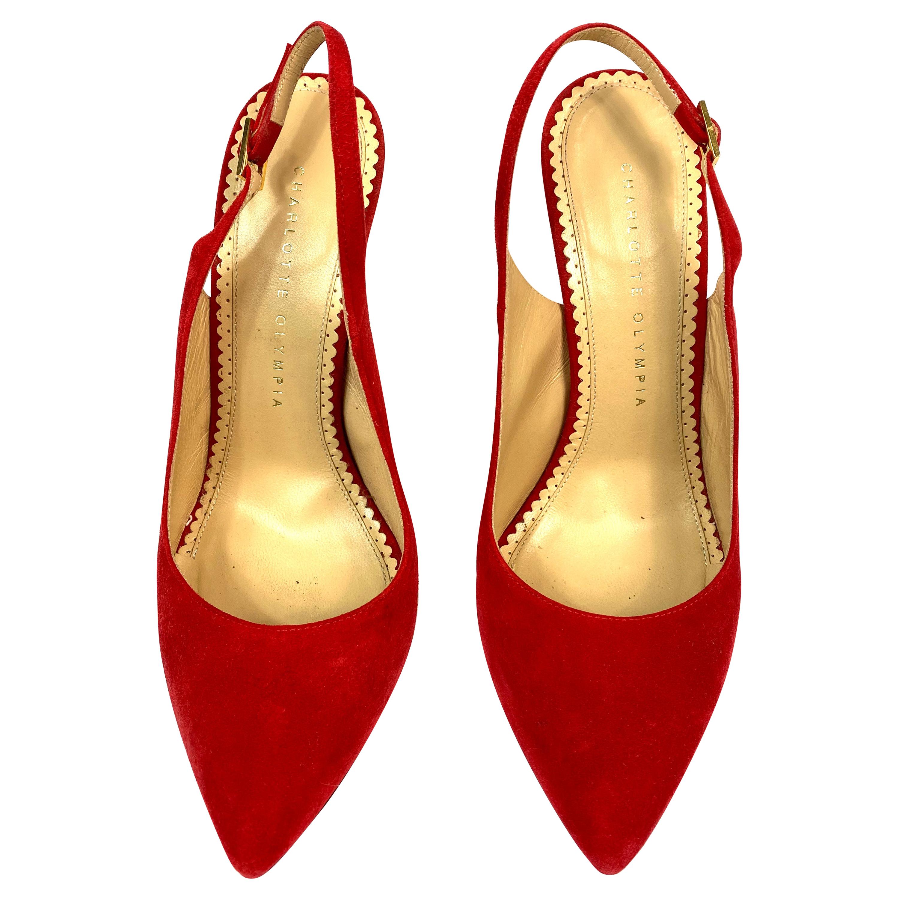 Charlotte Olympia Monroe Slingback Red Suede Pump Heels Size 38 at 1stDibs
