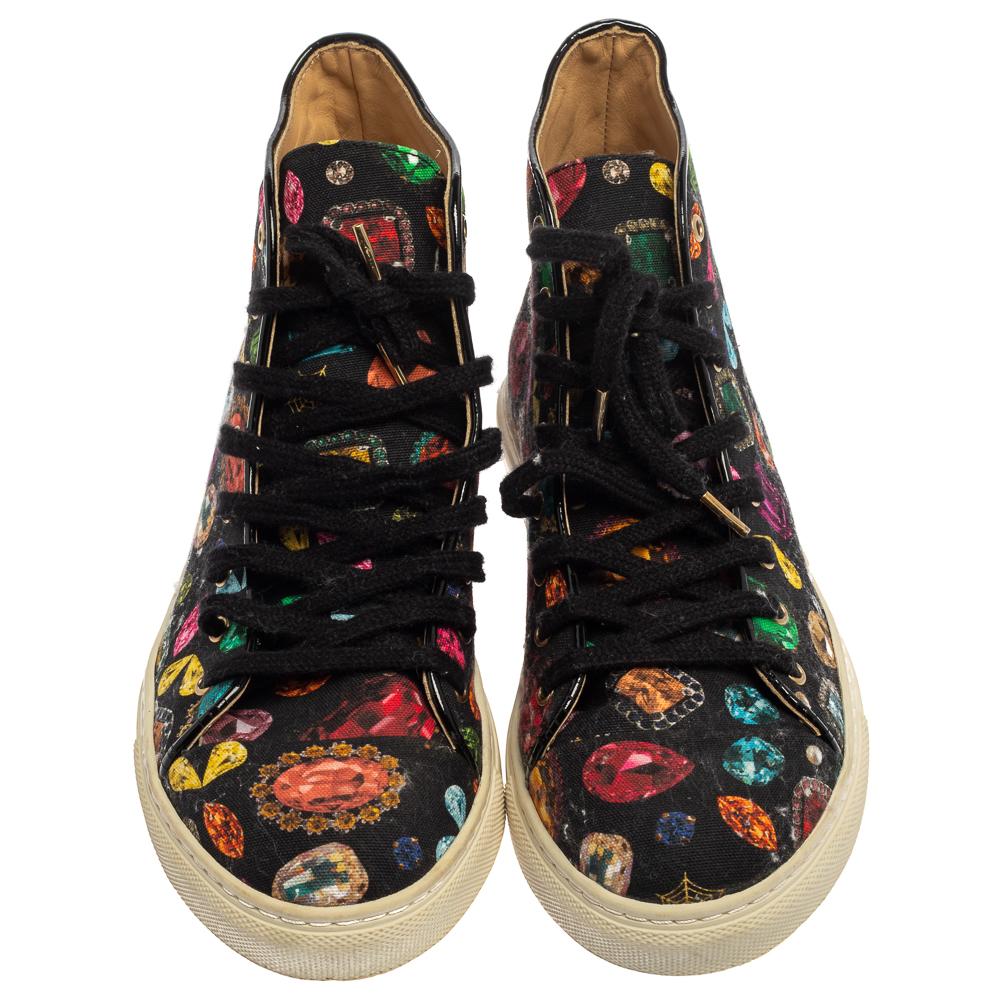 Black Charlotte Olympia Multicolor Jewel Print Canvas High Top Sneakers Size 36
