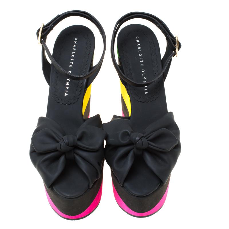Charlotte Olympia Multicolor PUC Bow Detail Ankle Strap Wedge Sandals Size 38.5 In New Condition In Dubai, Al Qouz 2