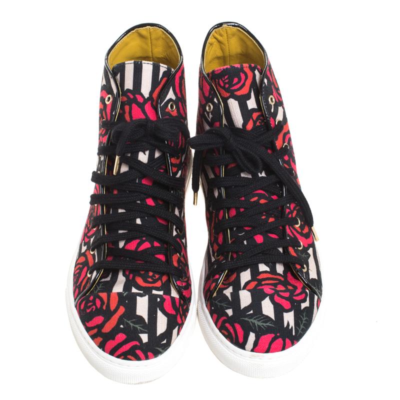 Black Charlotte Olympia Multicolor Rose Print Canvas High Top Sneakers Size 38.5