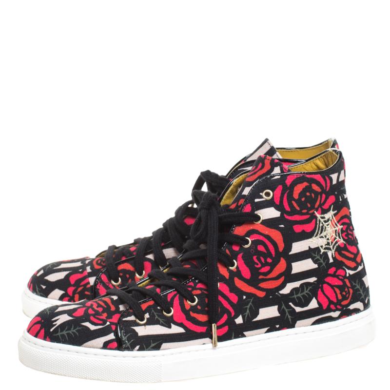 Women's Charlotte Olympia Multicolor Rose Print Canvas High Top Sneakers Size 38.5
