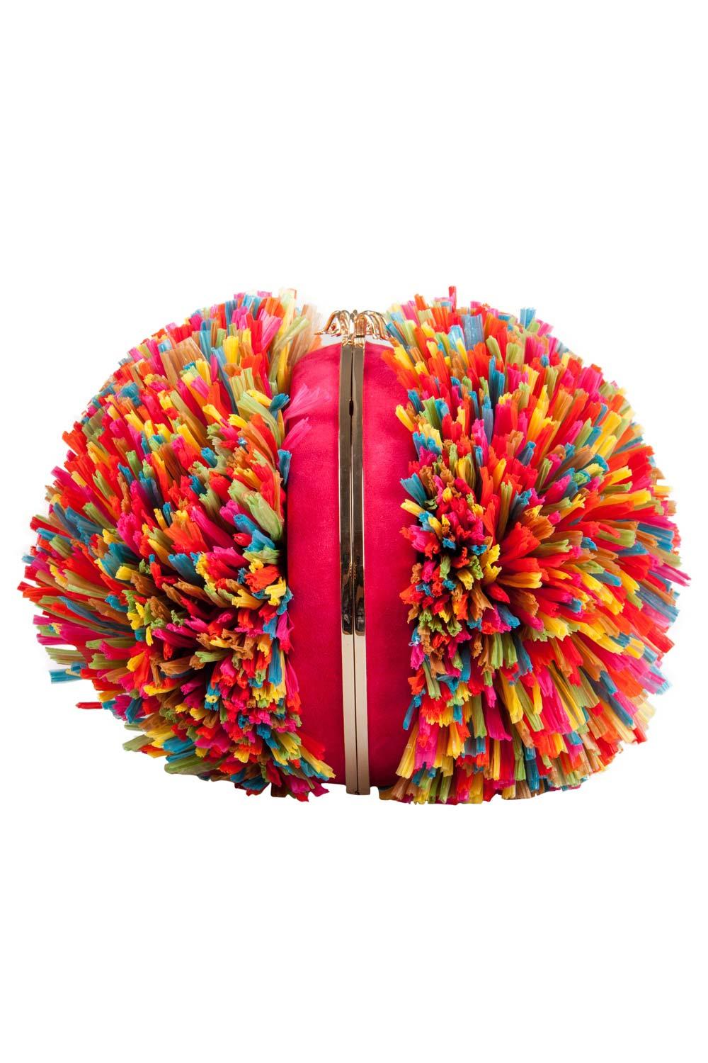 Embrace the fun and peppy side of you with this chic, fun and eye-catching Charlotte Olympia Fiesta clutch bag. It is designed with satin and multicolors straws creating an intriguing silhouette. It features a long chain-link shoulder strap and an