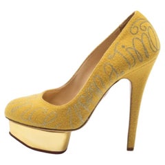 Charlotte Olympia Mustard Cotton Embroidered Felt Dolly Platform Pumps Size 36