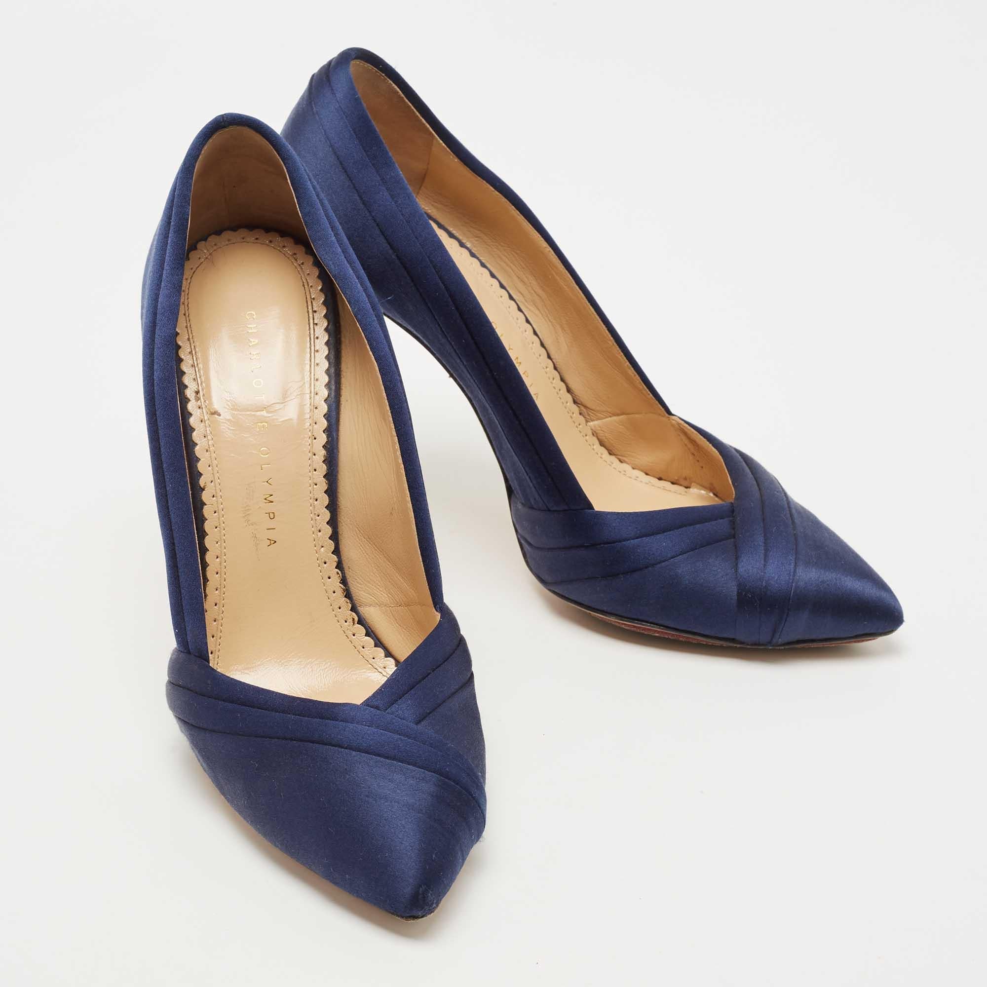 Women's Charlotte Olympia Navy Blue Satin Debonaire Platform Pumps Size 40 For Sale