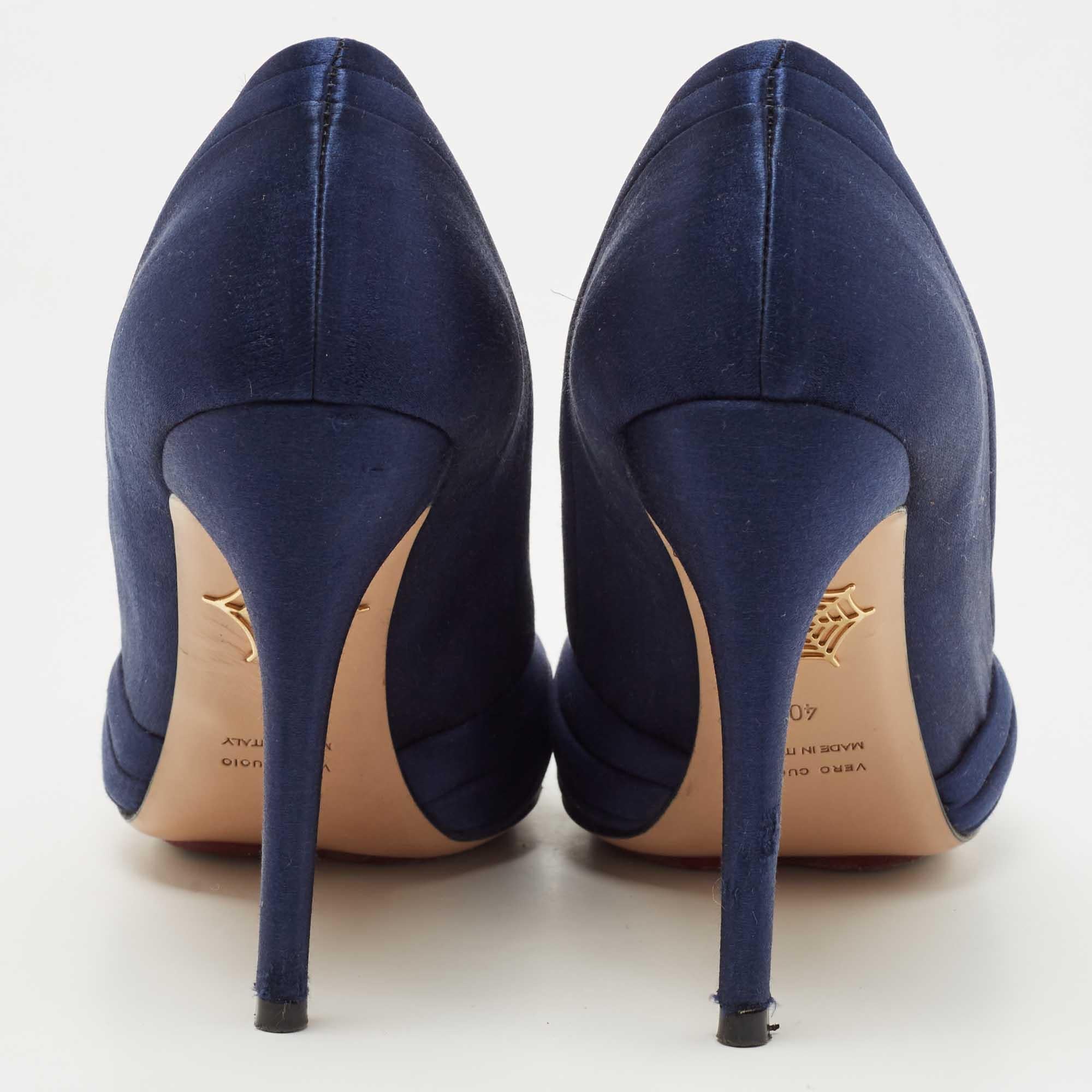 Charlotte Olympia Navy Blue Satin Debonaire Platform Pumps Size 40 For Sale 1