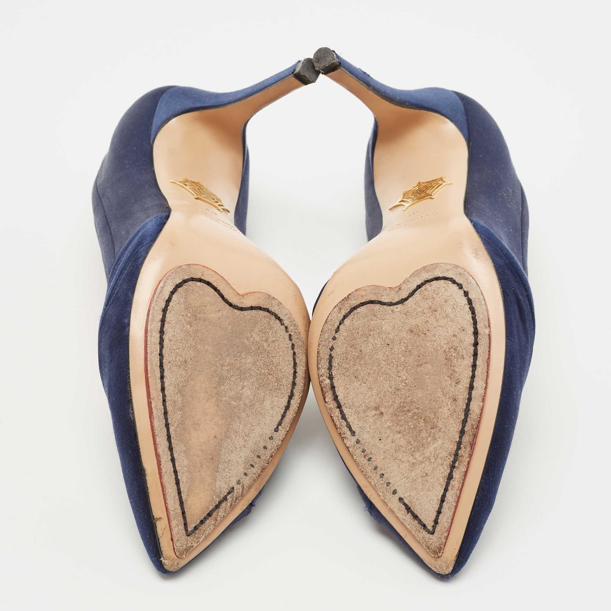 Charlotte Olympia Navy Blue Satin Debonaire Platform Pumps Size 40 For Sale 2