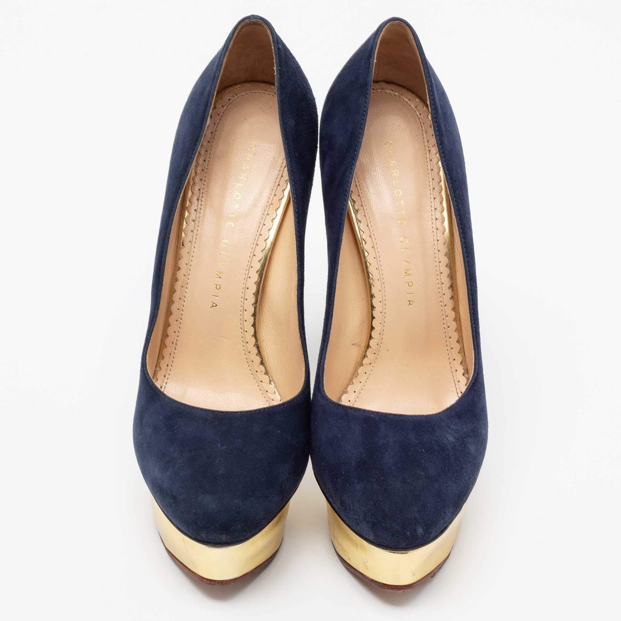 Charlotte Olympia Marineblaue Wildleder Dolly Plateau Pumps Größe 38 (Schwarz)