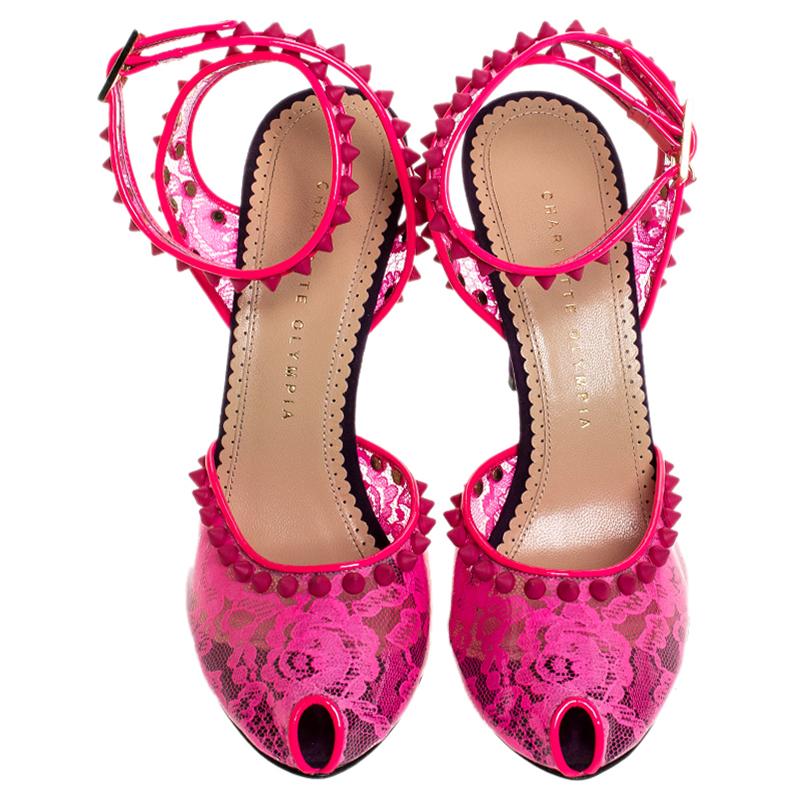 Charlotte Olympia Neon Pink Lace Print PVC Soho Studded Ankle Strap Size 38.5 In Good Condition In Dubai, Al Qouz 2