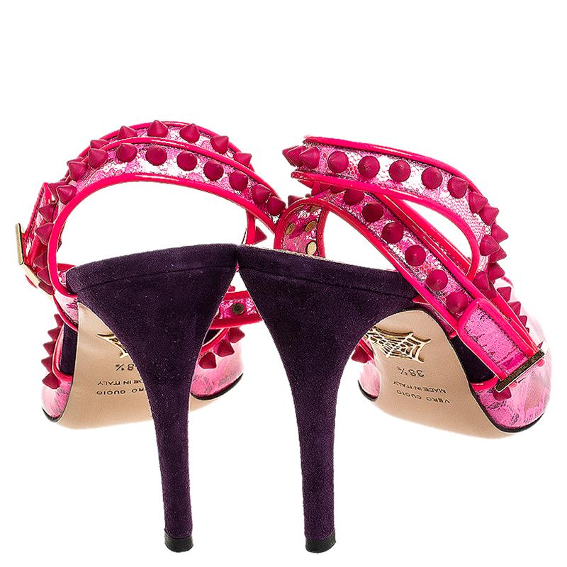 Women's Charlotte Olympia Neon Pink Lace Print PVC Soho Studded Ankle Strap Size 38.5