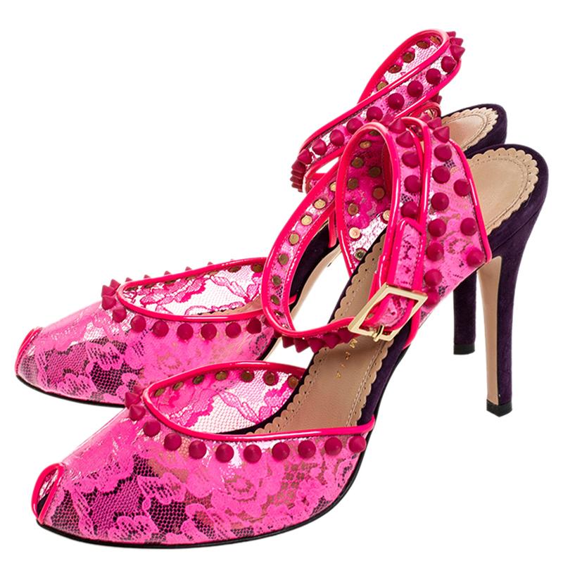 Charlotte Olympia Neon Pink Lace Print PVC Soho Studded Ankle Strap Size 38.5 1