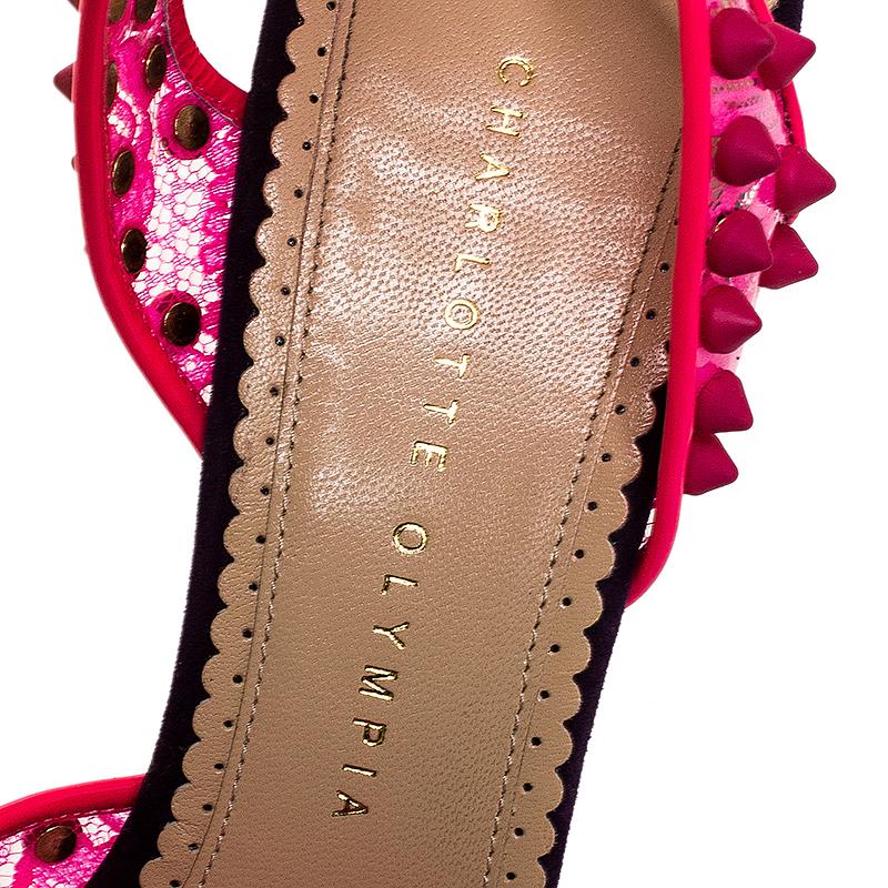 Charlotte Olympia Neon Pink Lace Print PVC Soho Studded Ankle Strap Size 38.5 2