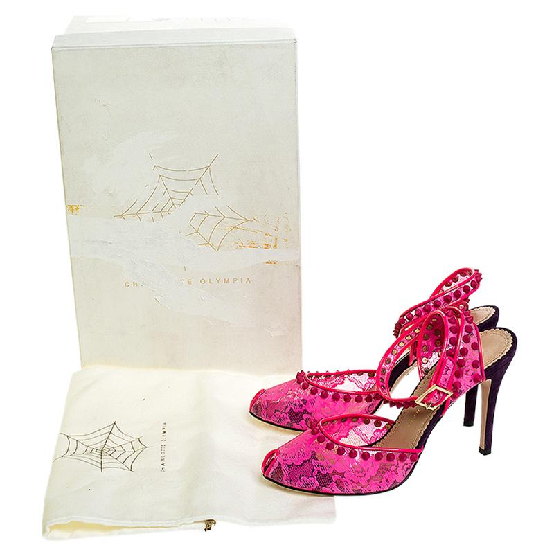 Charlotte Olympia Neon Pink Lace Print PVC Soho Studded Ankle Strap Size 38.5 4