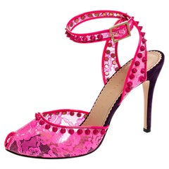 Charlotte Olympia Neon Pink Lace Print PVC Soho Studded Ankle Strap Size 38.5