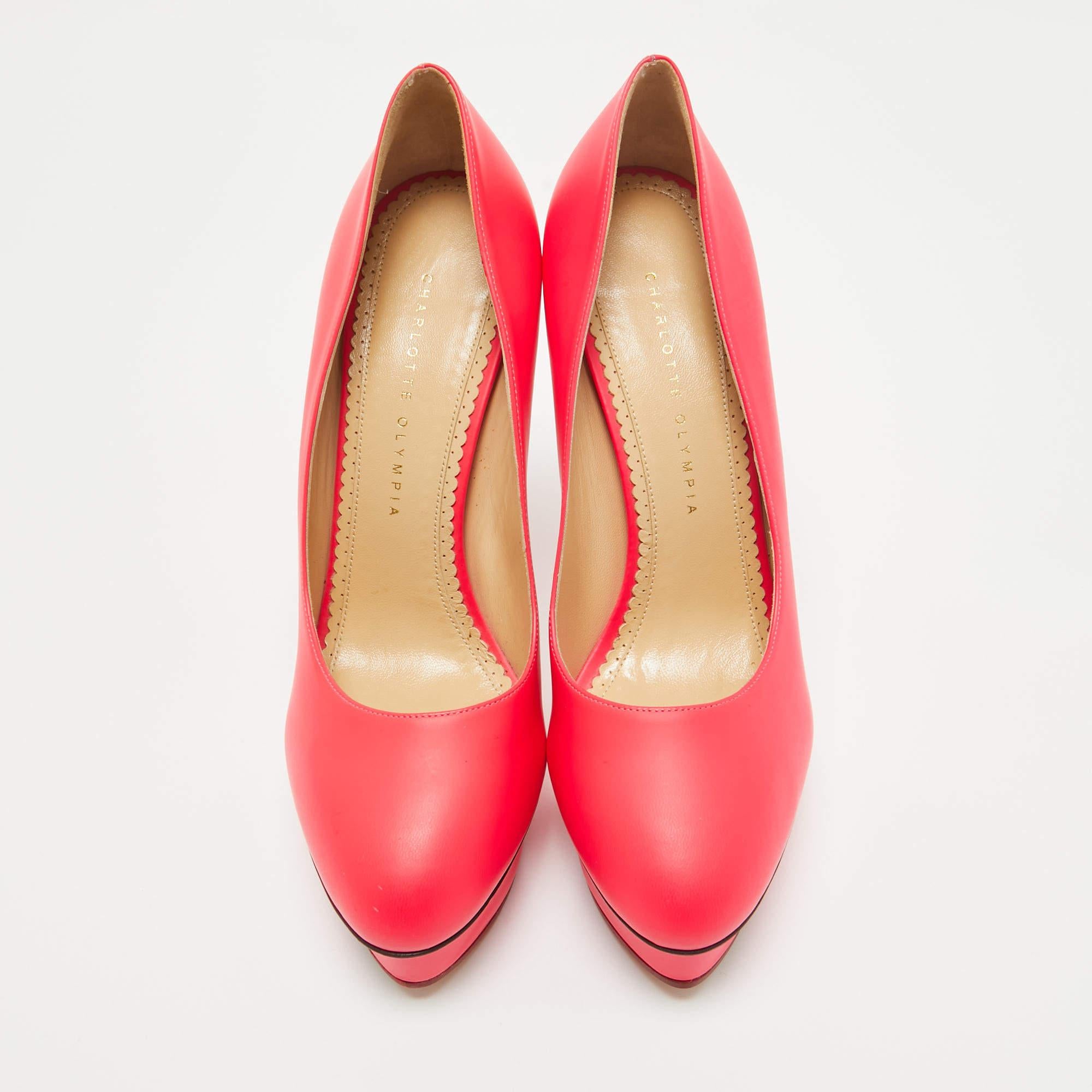 Charlotte Olympia Neon Pink Leather Dolly Platform Pumps Size 41 In New Condition In Dubai, Al Qouz 2