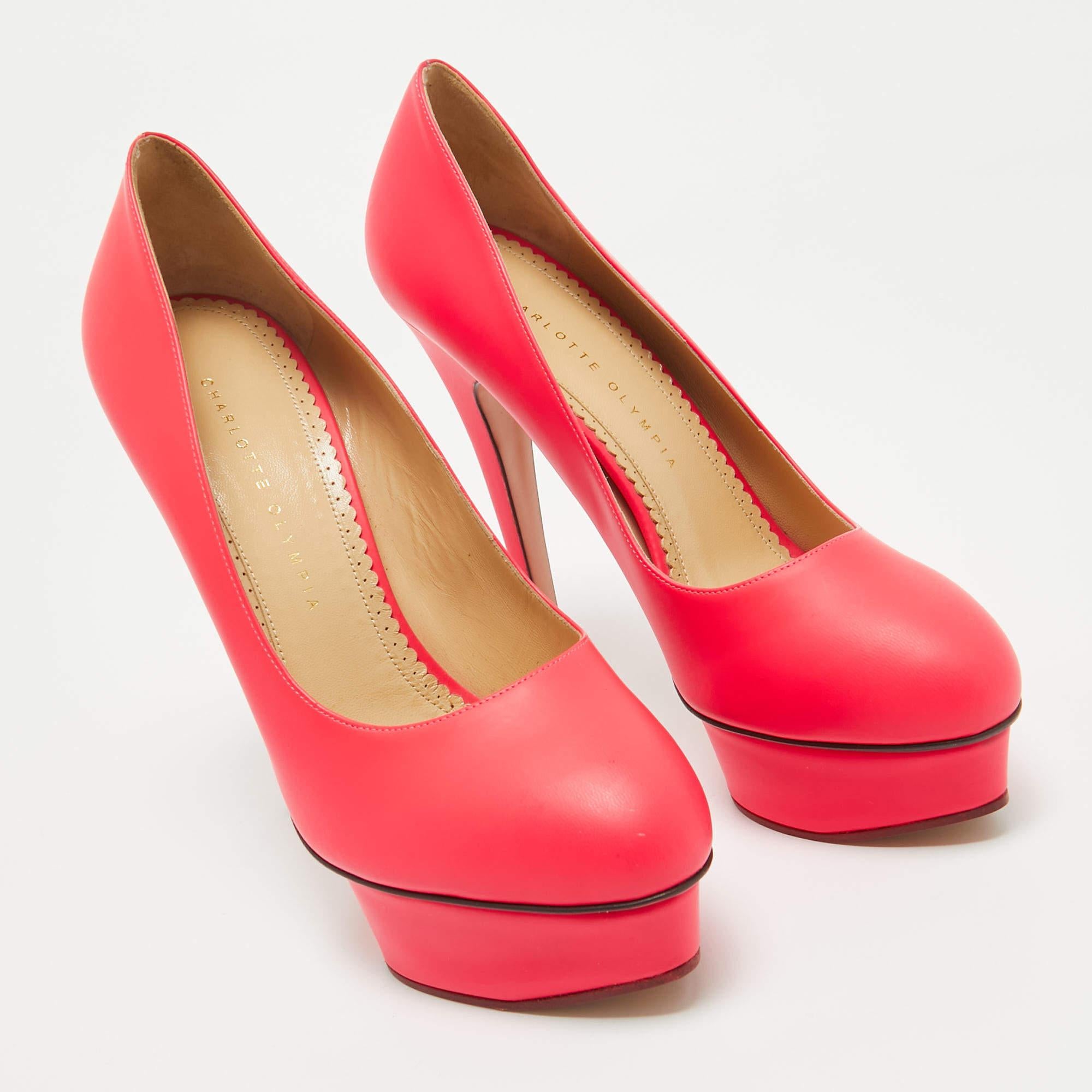 Women's Charlotte Olympia Neon Pink Leather Dolly Platform Pumps Size 41