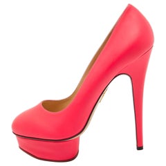 Charlotte Olympia Neon Pink Leather Dolly Platform Pumps Size 41