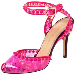 Charlotte Olympia Neon Pink Print PVC Soho Studded Ankle Strap Sandals Size 37