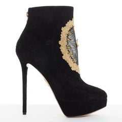 CHARLOTTE OLYMPIA On Time gold clock embroidered black suede ankle boot EU39