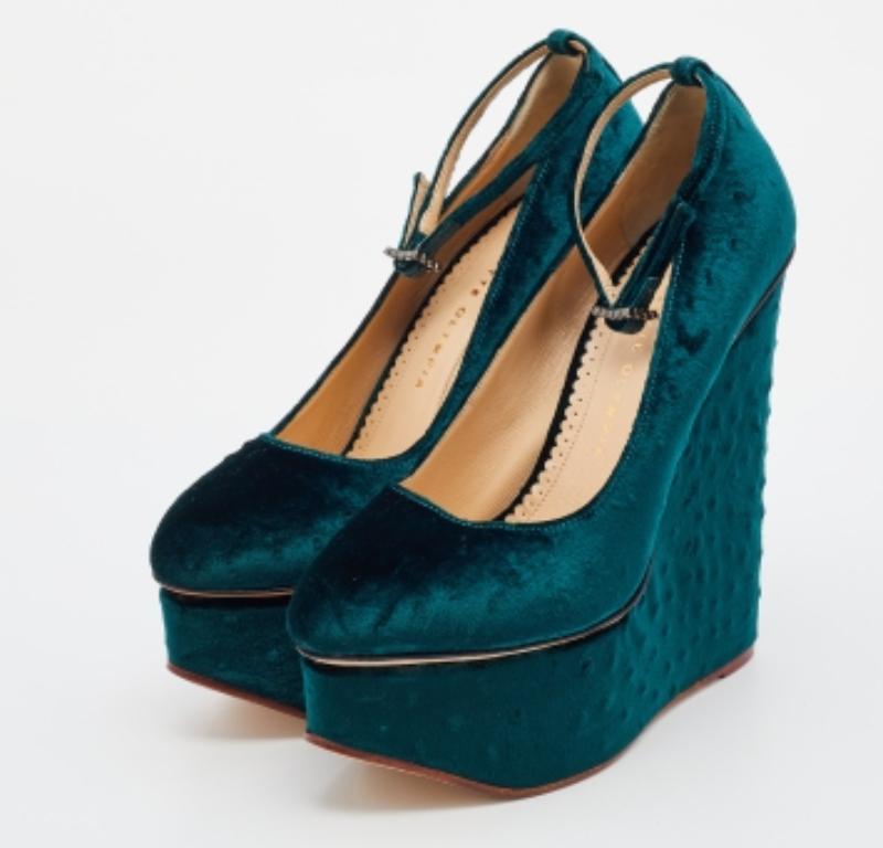 Black Charlotte Olympia Ostrich Effect Wedge Platform Ankle Strap Pumps Size 37.5 For Sale