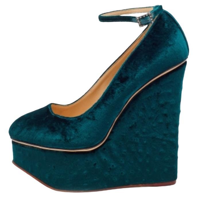 Charlotte Olympia Ostrich Effect Wedge Platform Ankle Strap Pumps Size 37.5 For Sale