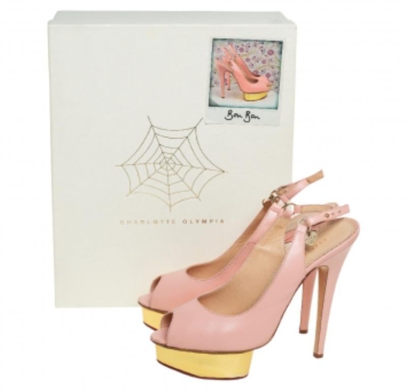 Beige Charlotte Olympia Pale Pink Leather Bon Bon Platform Slingback Sandals Size 39 For Sale