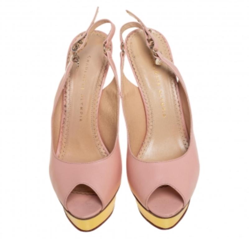 Women's Charlotte Olympia Pale Pink Leather Bon Bon Platform Slingback Sandals Size 39 For Sale
