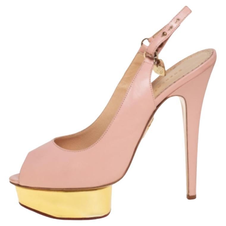 Charlotte Olympia Pale Pink Leather Bon Bon Platform Slingback Sandals Size 39 For Sale