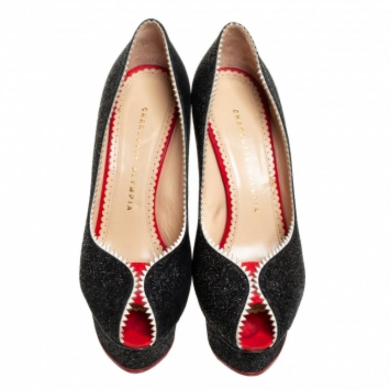 Charlotte Olympia Patent Leather Scalloped Trim Peep Toe Platform Pumps Size37.5 For Sale 2