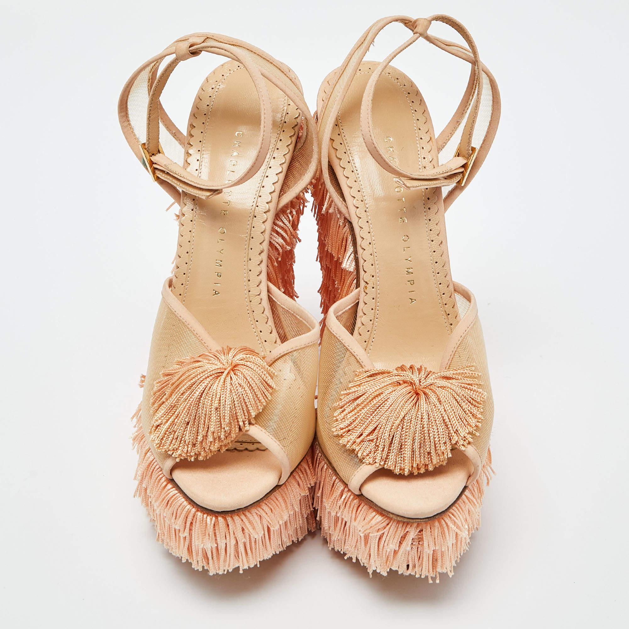 Orange Charlotte Olympia Peach Pink Mesh and Satin Gigi Wedge Sandals Size 38.5