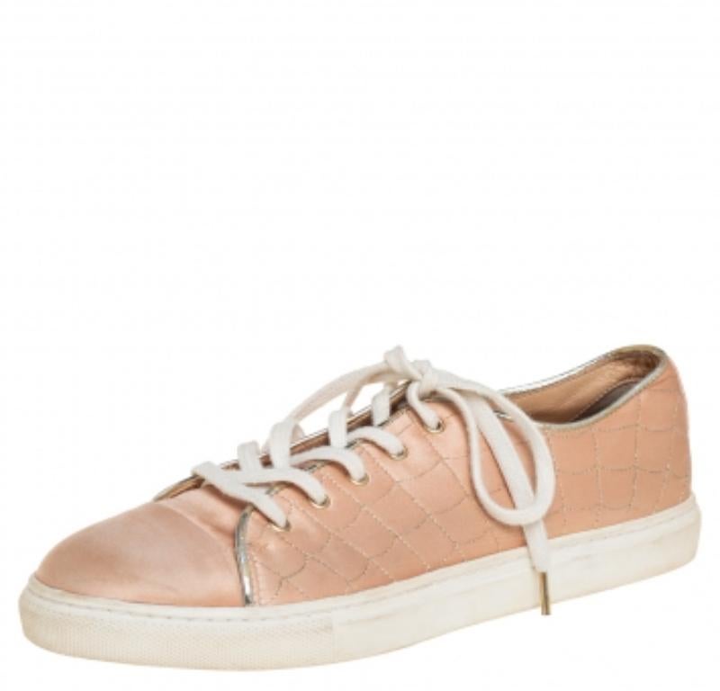 Beige Charlotte Olympia Peach Satin Web Low Top Sneakers Size 36.5 For Sale