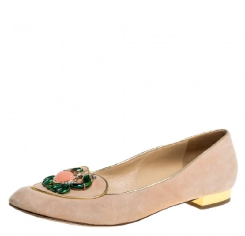 Beige Charlotte Olympia Peach Suede Birthday Zodiac Cancer Ballet Flats Size 40 For Sale