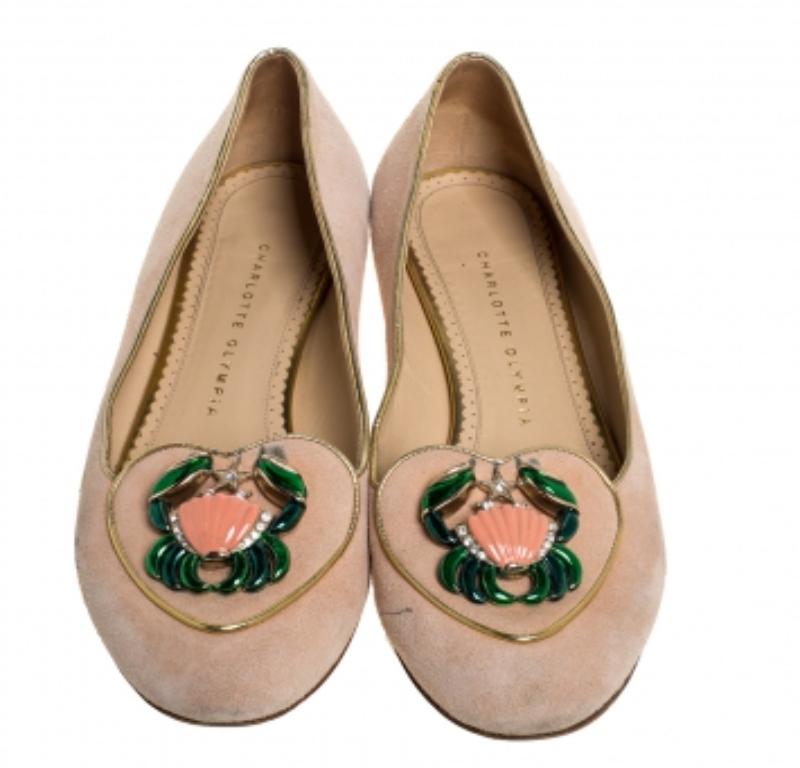 Women's Charlotte Olympia Peach Suede Birthday Zodiac Cancer Ballet Flats Size 40 For Sale