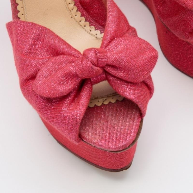 Women's Charlotte Olympia Pink Glitter Fabric Velour Wedge Platform Sandals Size 39 For Sale