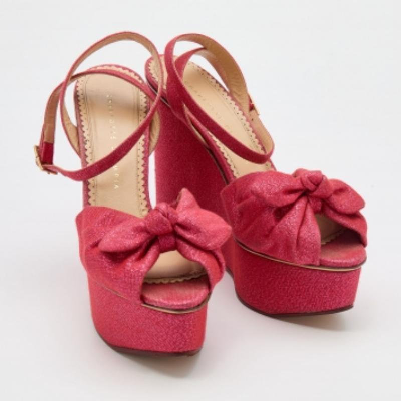Charlotte Olympia Pink Glitter Fabric Velour Wedge Platform Sandals Size 39 For Sale 1