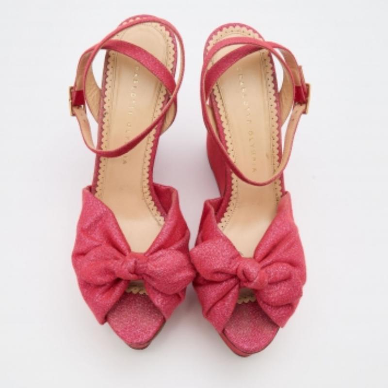 Charlotte Olympia Pink Glitter Fabric Velour Wedge Platform Sandals Size 39 For Sale 2