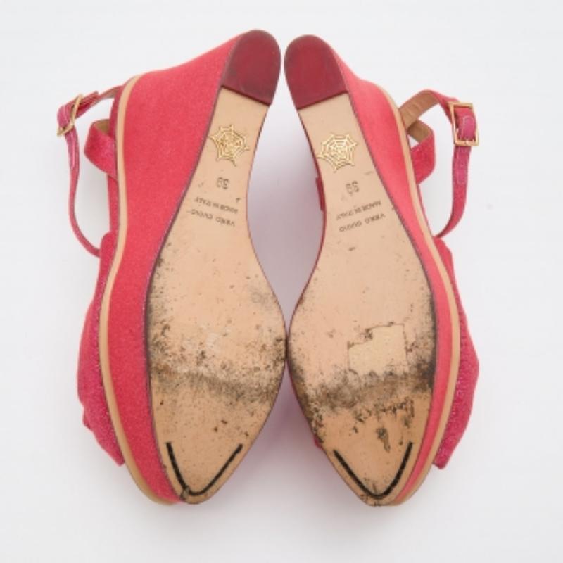 Charlotte Olympia Pink Glitter Fabric Velour Wedge Platform Sandals Size 39 For Sale 4
