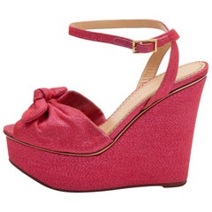 Charlotte Olympia Pink Glitter Fabric Velour Wedge Platform Sandals Size 39