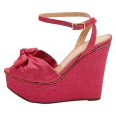 Charlotte Olympia Pink Glitter Fabric Velour Wedge Platform Sandals Size 39