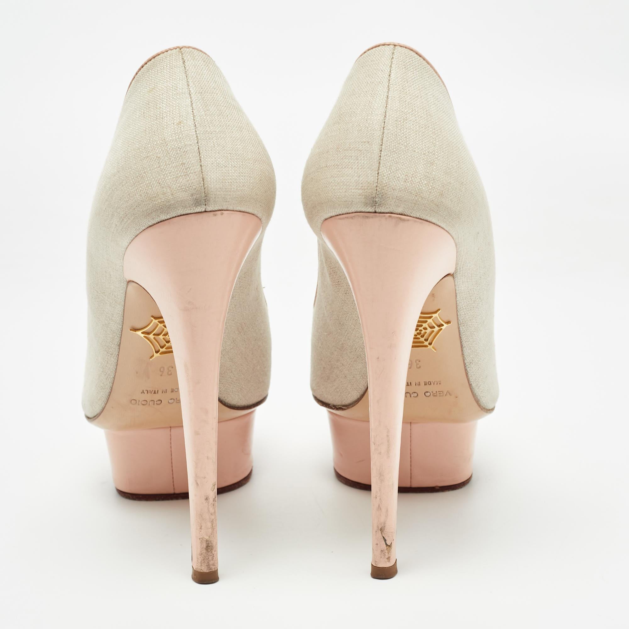 Donna Charlotte Olympia Pumps in tela e pelle rosa/grigia misura 36 in vendita