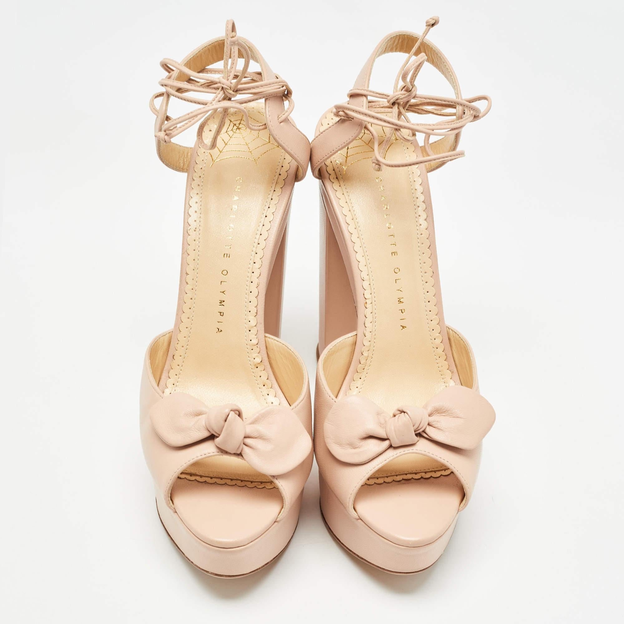 Beige Charlotte Olympia Pink Leather Bow Platform Sandals Size 41 For Sale