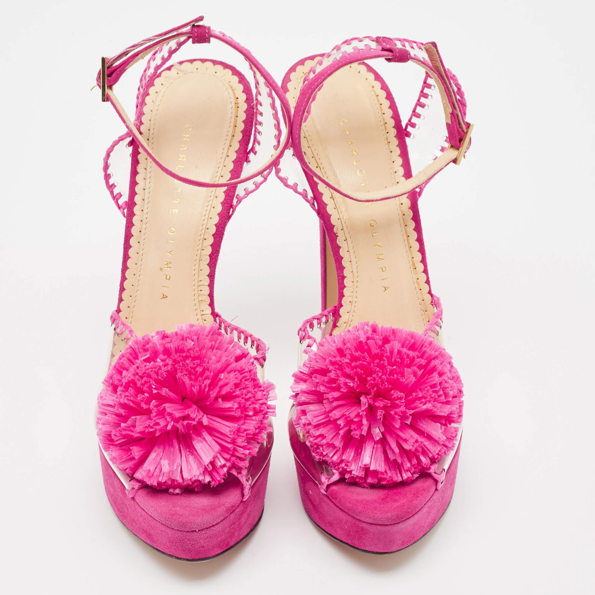 Charlotte Olympia Pink PVC and Suede Pomeline Ankle Strap Sandals Size 37.5 In Good Condition For Sale In Dubai, Al Qouz 2