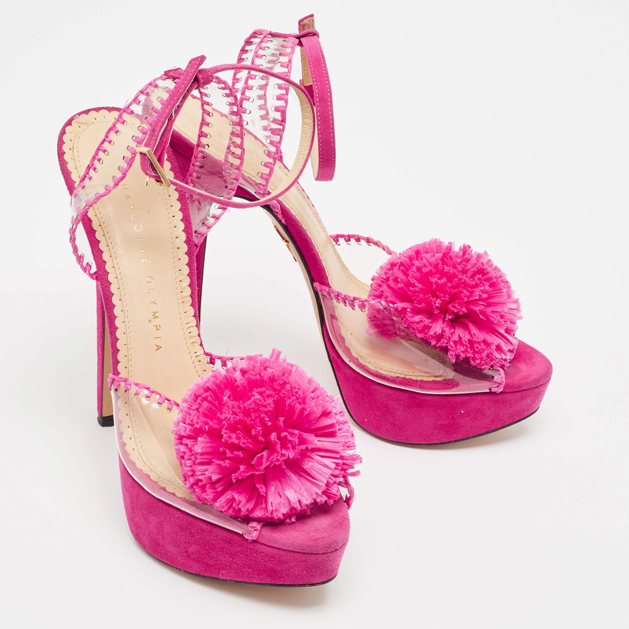 Women's Charlotte Olympia Pink PVC and Suede Pomeline Ankle Strap Sandals Size 37.5 For Sale