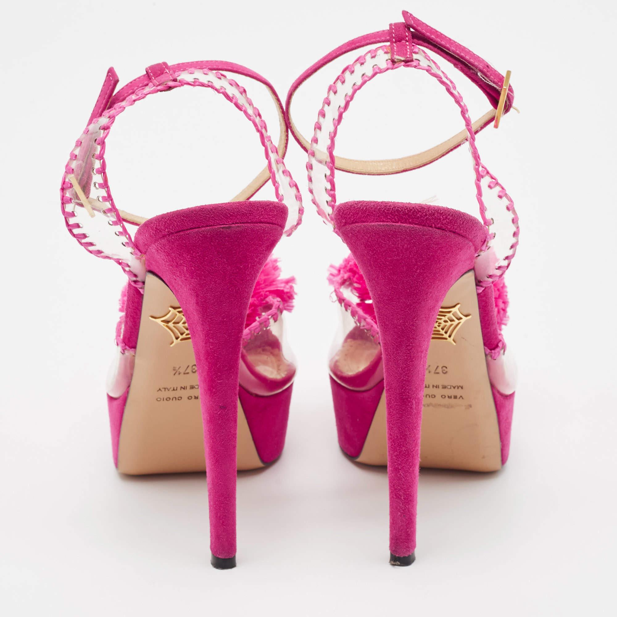 Charlotte Olympia Pink PVC and Suede Pomeline Ankle Strap Sandals Size 37.5 For Sale 1